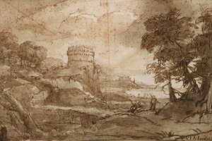 Paisaje con torre redonda y bahía de Claude Lorrain