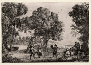 Paisaje con una danza campestre, placa pequeña, c. 1637 de Claude Lorrain