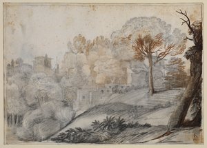 Paisaje con árboles y edificios de Claude Lorrain