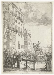 Estatua ecuestre del emperador del Sacro Imperio Romano Germánico La estatua equestre du roi des romains Fuegos artificiales y festividades con motivo del recién elegido emperador del Sacro Imperio Romano Germánico (título de la serie) de Claude Lorrain