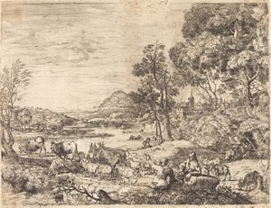 Pastor y pastora conversando en un paisaje de Claude Lorrain