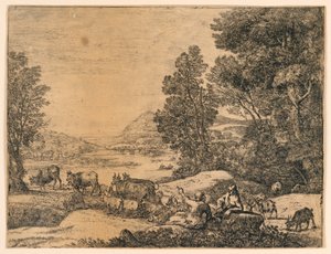 Pastor y pastora conversando en un paisaje de Claude Lorrain