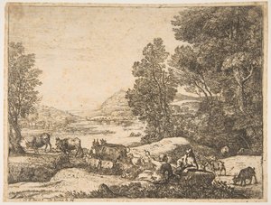 Pastor y pastora conversando en un paisaje de Claude Lorrain