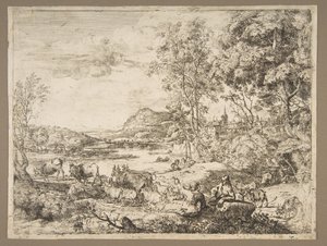 Pastor y pastora conversando en un paisaje de Claude Lorrain