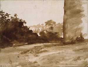 Vista de arbustos con un muro a la derecha de Claude Lorrain