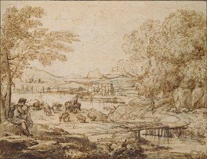 Joven tocando una flauta en un paisaje pastoral de Claude Lorrain