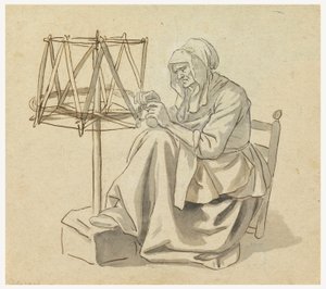 Dibujo, Una anciana hilando, 1810-30 de Claude Louis Desrais