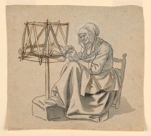 Dibujo, Una anciana hilando, 1810-30 de Claude Louis Desrais
