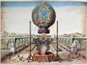Experimento de los hermanos Montgolfiere el 19 de octubre de 1783 en el jardín de Monsieur Reveillon, faubourg Saint Antoine en París. Grabado por Desrais Claude Louis Desrais (1746-1816) de Claude Louis Desrais
