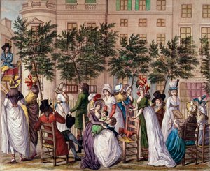 Moda bajo el Directorio: “Le petit Coblenz”, el paseo del Boulevard des Italiens en París. Litografía de Claude Louis Desrais 1798