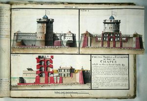 Sección transversal y elevaciones del Fuerte Chapus, de Traité de Fortifications, c.1720