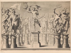 Alegoría en honor a la Casa de Saboya con figuras legendarias sobre pedestales de Claude Mellan