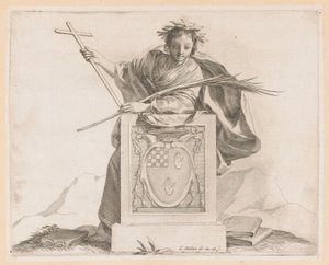 Figura alegórica con el escudo de armas de la familia Potier.