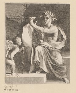 Apolo pone een amor Titelpagina voor: François Tristan the Hermit Sieur du Soliers, Los amores de Tristan, 1638 de Claude Mellan