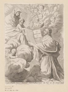 Armand-Jean du Plessis duque de Richelieu presenta un libro a María con el Niño Página de título para: Armand-Jean du Plessis Duque de Richelieu, Traité de la perfeccion du chrétien de Claude Mellan