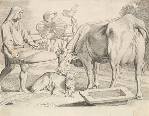 Escena campestre con un campesino, vaca y ternero de Claude Mellan