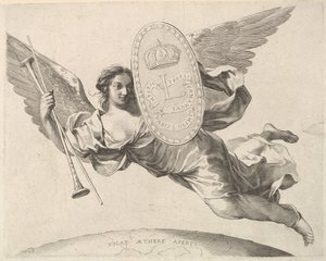 Fama llevando un escudo con la inicial de Luis XIV La Renommée volant