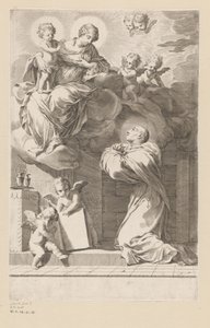 H. Bernard arrodillado ante una aparición de la Virgen y el Niño Portada para: San Bernardo, Divi Bernardi Abbatis (...), 1640 de Claude Mellan