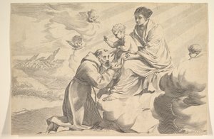 San Francisco de Asís adorando al Niño Jesús en el regazo de la Virgen