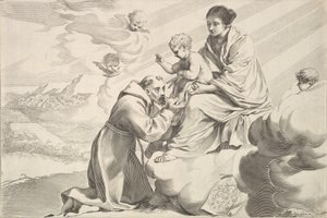 San Francisco de Asís adorando al Niño Jesús en el regazo de la Virgen