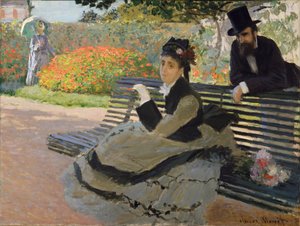 Camille Monet en un banco de jardín