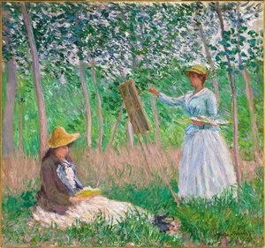 En el bosque de Giverny - Blanche Hoschedé en su caballete con Suzanne Hoschedé leyendo