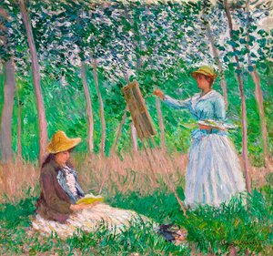 En el bosque de Giverny: Blanche Hoschedé en su caballete con Suzanne Hoschedé leyendo
