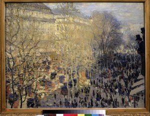 ""Le boulevard des Capucines"" Multitud de transeúntes y tráfico en el barrio de la Ópera de París. Pintura de Claude Monet (1840-1926). Óleo sobre tela. Impresionismo. 1873. Dim. 61x80 cm Museo Pushkin, Moscú