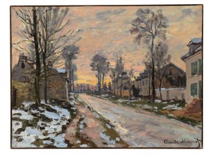 Ruta a Louveciennes, nieve fundente, sol poniente, c.1869-70 de Claude Monet