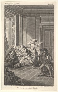Un hombre acurrucado en una silla mira hacia otro hombre que se le acerca desde la izquierda, ca. 1784 de Claude Nicolas Malapeau