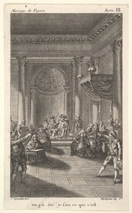 Un hombre sentado en una silla en una plataforma escalonada sostiene una audiencia, dos hombres señalando de pie, ca. 1784 de Claude Nicolas Malapeau