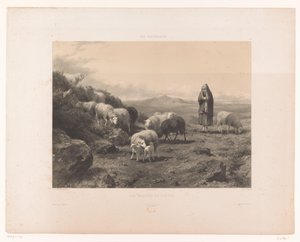 Pastora con ovejas en la llanura de Cantal Les Vallées du Cantal (título sobre objeto) Pastos (título de la serie) Les paturages (título de la serie sobre el objeto) de Claude Thielley