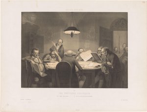 Hombres leyendo alrededor de una mesa
Les profonds politiques / The deep politicians / Die vollendeten Staatsmanner (título en el objeto)
Escenas de humor (título de la serie)
Galerie pour rire (título de la serie en el objeto) de Claude Thielley