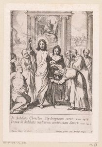 La curación del hombre cojo y de la mujer torcida en sábado Miracula Domini Nostri Jesu Christi (título de la serie) Milagros de Cristo (título de la serie) de Claude Vignon