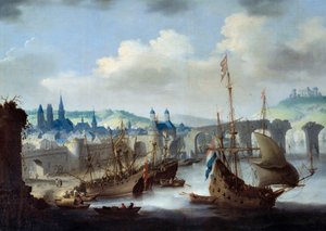 Vista de la ciudad de Ruan. Los barcos están amarrados en las orillas del Sena. Pintura de Claude de Jongh