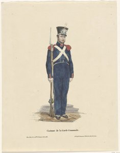 Arquero belga, 1830 Traje de la Garde Communale (título sobre objeto) de Claudio Linati