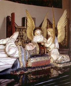 (detalle) de la efigie y dos ángeles, de la tumba de Felipe el Atrevido, Duque de Borgoña (1342-1404), por Jean de Marville (m.1389), Claus Sluter (m.1405/6) y Claus de Werve (c.1380-1439), encargado para el monasterio de Champmol