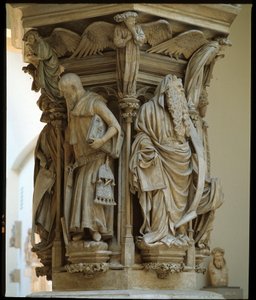 Pozo de Moisés - escultura reconocida como la obra maestra del artista holandés Claus Sluter (1340-1405/6) - Arte gótico flamenco: pedestal con las representaciones de Daniel, Zacarías, Isaías (izquierda), Moisés (derecha), Jeremías y David por Claus Slute de Claus Sluter