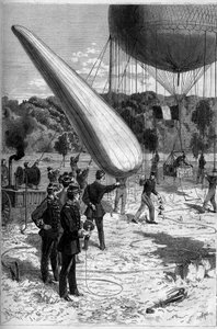 Aerostatos militares: experiencias telefónicas en el establecimiento de Meudon. Grabado por Claverie en "Le Monde Illustré" n°1331 del 30 de septiembre