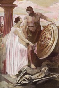El escudo de Aquiles creado por Vulcano. Ilustración de Clement Gontier (1876-1918) para "La Ilíada" (Omero) de Homere. París, Henri Laurens de Clement Gontier