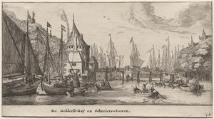 Varios barcos y vistas de Ámsterdam, Parte II: El muelle de Gelder y la Torre Schreiers de Clement de Jonghe