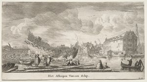Varios barcos y vistas de Ámsterdam (Verscheÿde Schepen en Gesichten van Amstelredam), Parte II: Botadura de un barco de Clement de Jonghe