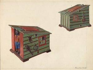 Banco: edificio de juguete con figura de Clementine Fossek