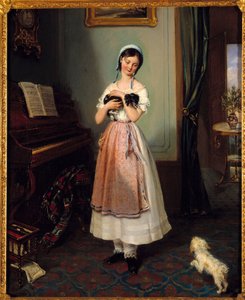 Una joven en un interior burgués con dos perros. Pintura de Clementine de Bar (1807-1856) Siglo XIX París, Galería Garoche de Clementine de Bar