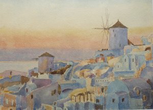 Santorini Oia - Puesta de sol, tiempo de iluminación, 2019 (acuarela)