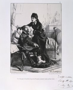 Guerra Franco-Prusiana 1870-1871: Un soldado herido siendo atendido y alimentado. De una serie de litografías de Clément Auguste Andrieux sobre las Guardias Nacionales.