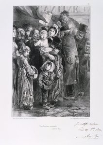 Guerra Franco-Prusiana 1870-1871. Sitio de París 19 Sept 1870-28 Ene 1871. Una cocina de sopa nacional en París, enero de 1871. De una serie de litografías de Clement August Andrieux sobre los Guardias Nacionales. Escasez de alimentos Hambre de Clément Auguste Andrieux