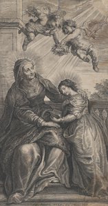 La educación de la Virgen, con Santa Ana y la Virgen María leyendo con dos p..., ca. 1700-24 de Coenrad Waumans