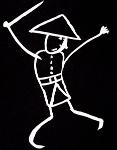 Personaje con sombrero, uniforme y columpio. Dibujo anime de Emile Cohl (1857-1938) en blanco sobre negro.