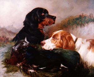 Perros de caza con la presa del día